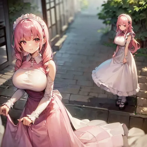 (Best Quality)、(8k)、Glamorous woman、 mature woman 、(((Maid、Maid服、 long skirt、 tight skirt、 slits in watercolor technique、 white apron dress、 pink hair、 Wavy Hair 、Big Breasts)))、smile、Climb the stairs、Looking Back