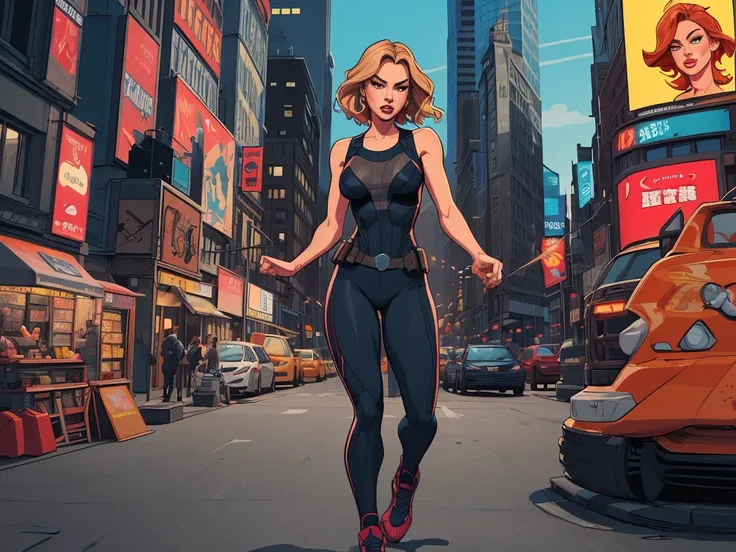 CARTOON DRAWING STYLE:1.2), Cartoon style Actress Taylor Swif , Woman Cartoon image,  blond and medium hair, olhos azuis detalhados, uniforme de Natasha Romanoff, Pose for fighting an enemy in New York City, (( full body )) Cartoon style illustration , car...