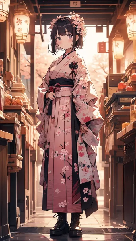 sfw,最高masterpiece,Best Quality,  OFFICIAL ART, Advertising Photos,masterpiece,(1 person:2.0),  Neutral Male ,Dress neatly,(7 heads), Black Hair ,( short bob cut hair),(Cherry blossom pattern furuncle ),(Purple Hakama, beautiful gradation hakama ),Maxi leng...