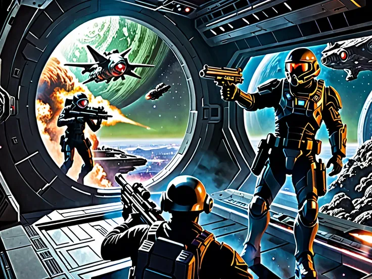 Scifi image of us viewing a soldier fighting something with a gun in the bridge of a spaceship.  He is shooting from cover.  In the background we see a planet with the ghostly apparition of a fictional mindworm creature looking towards us.  Cosmic horror t...