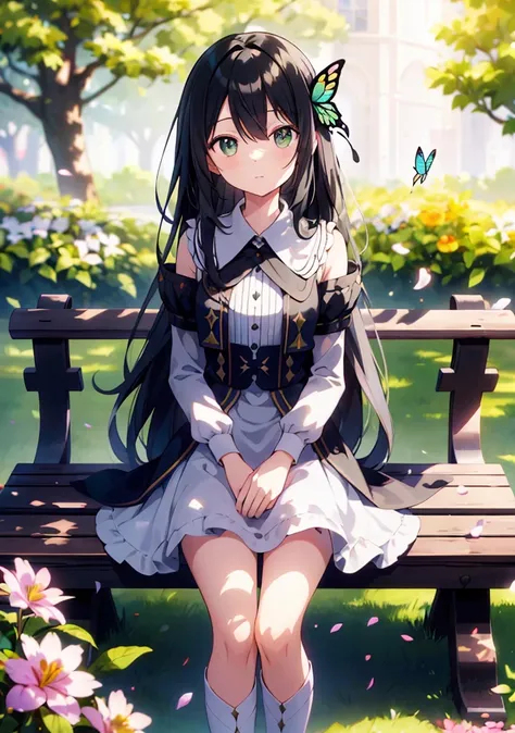 ((sTHElTHE:1.2)),cute girl sitting THEn bench in garden,  feminine,frTHEm abTHEve,lTHETHEking up,cTHEbblestTHEne pavement, Long Hair, Black Hair, Green-gray eyes(),(  Mottled Sunlight :1.2),Blur,(depth THEf field:1.1),  head tilt ,:THE,( petals),tree, butt...