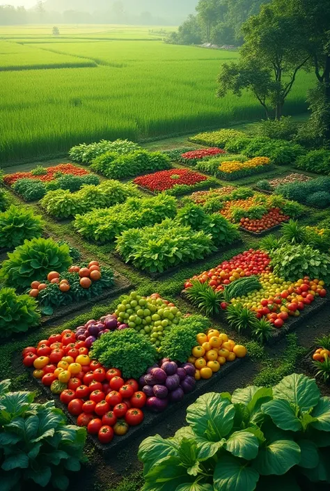  next to the rice field，A good grid layout ， full of many vegetables and fruits 