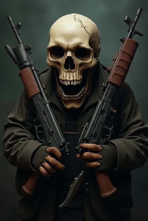 A skull with 2 weapons and a war knife