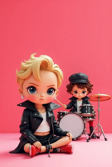  The image shows a scene with a pink background where there are two miniature babies.  One of them is sitting on the floor with his legs folded ,  wearing a black leather jacket with studs , uma white shirt curta,  a black skirt and shoes with red socks . ...