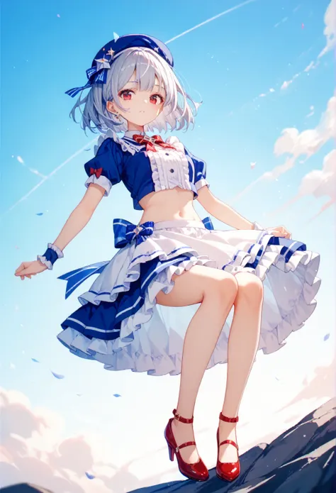 1girl, Alone,silver hair,bright red eyes, bob cut,blue idol uniform,frilled tops,frill thighhigh,red heels,stomach,spot light,flying in sky,beret,blue sky,