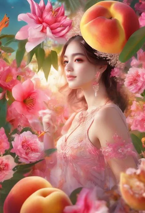 Best Quality, masterpiece, ( Hi-Res,  several people having fun with each other while having very detailed :1.2),  Movie Lighting,  bright colors ,
Lily flower(flower), Light Pink Background, Bokeh.Pomegranates and peaches and lots of flowers