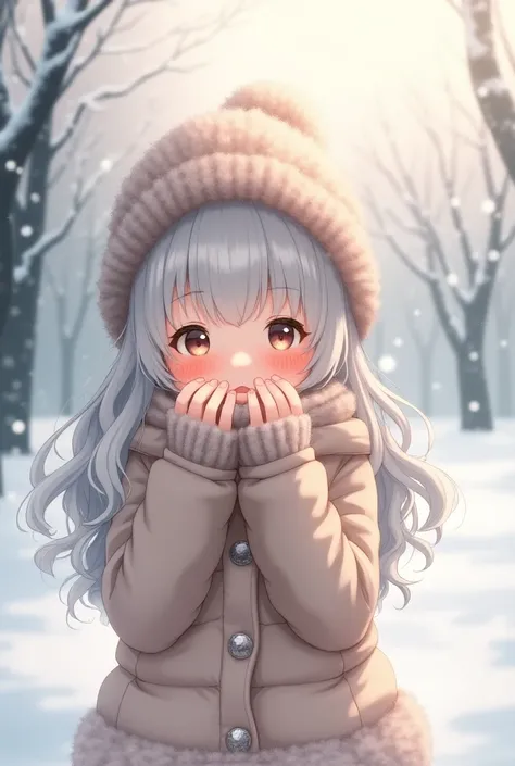   one girl playing pranks、 Blushing ,  simple background,  close your mouth,  cowboy shots, action painting, Silver Hair, Smiley High Quality , chest,  Blushing , Light blush, Winter Scenery、Knitted hat,  anime style, Soft Light, illustration winter season...