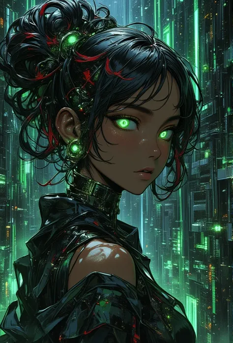 atmosfera oleosa sombria 4D style cat leona sexy picture of a grown-up magical girl sexy cute mature face hair afro red + withe with some puled up into a false ponytail girl is a beautiful dark black theme with glitter and sparkles perfect green eye creati...