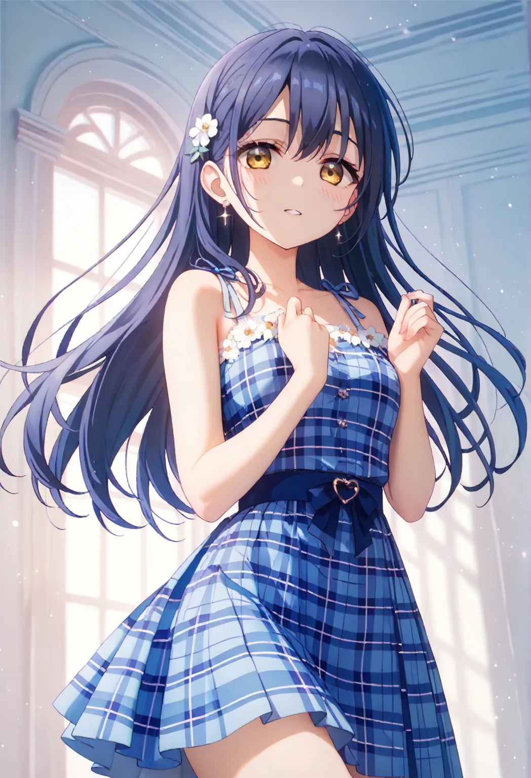 sonoda umi(lovelive),blue long hair,yellow eyes,blue plaid dress