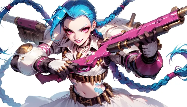 score_9, score_8_up, score_7, a picture of  JInx from League Of Legends in a white mech armor holding a massive gun with yellow runes on it, hkstyle