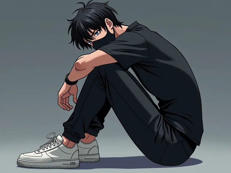 Make an Anime image where The man is almost middle. From middle it will be on the left side some. There will be one man. Who is wear a black t-shirt, a black color mask, his hair will be black like anime. his pant will be black, his shoes will be white col...