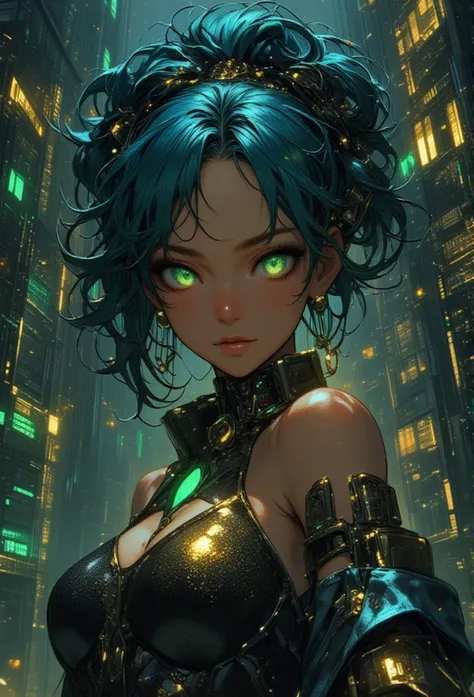 atmosfera oleosa sombria 4D style cat leona sexy picture of a grown-up magical girl sexy Sensual cute mature face hair afro blue+ gold with some puled up into a false ponytail girl is a beautiful dark black theme with glitter and sparkles perfect green eye...