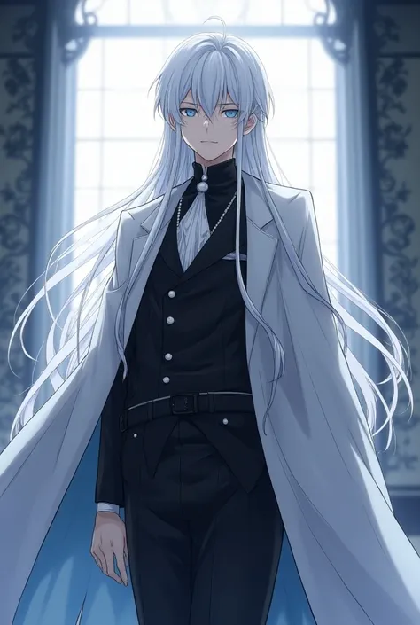 anime character with white hair and black and white outfit standing in front of a window, white haired deity, white haired, with long white hair, he has dark grey hairs, with white long hair, handsome guy in demon slayer art, male anime character, white-ha...