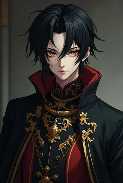  Make me an anime photo of a dark-haired guy with golden eyes and white skin wearing a royal robe, cold faced  