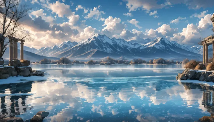 Blue snow-capped mountains , A lot of air, beautiful sky ,  light through clouds with pillars on the surface of the lake,  reflections in water.