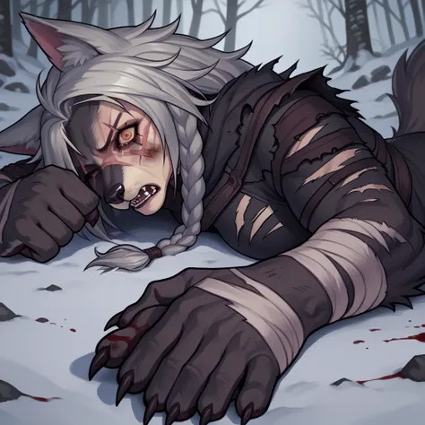 (zPDXL2), (PonyXLV6_Scores), source_anime, source_anthro, source_furry, Expressiveh, full-body shot, asymmetric image, BREAK
lhata4564, female, furry, anthro, defeated, (long braid haircut silver hair, detailed body), solo, (female wolf, shy, wolf girl, fu...