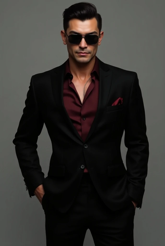   wear a full black suit    , burgundy silk shirt，Unbutton 2 ，black pocket towel black sunglasses ，No tie  ，Mature and sexy