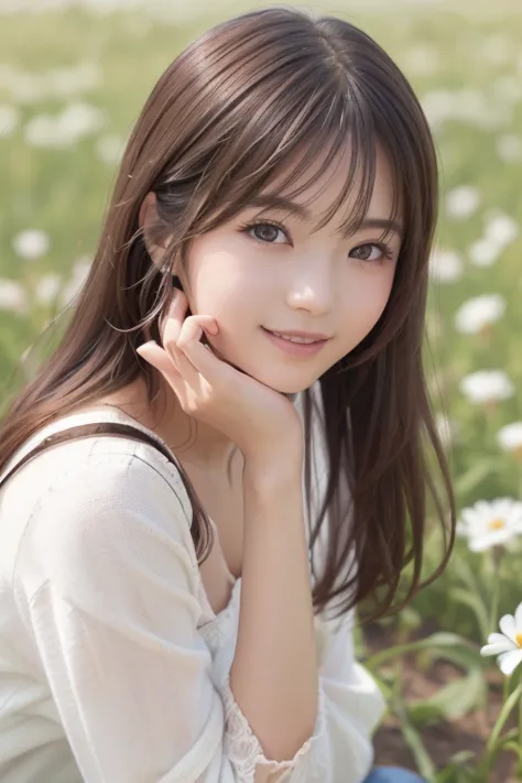  Realistic Photo Quality 、白いseated in a field of flowers  with her hand on her chin,  portrait of a girl in a field of flowers , 60mm Portrait, Young Japanese Model, seated in a field of flowers , looking at the camera、Detailed and beautiful eyes、Cute smil...