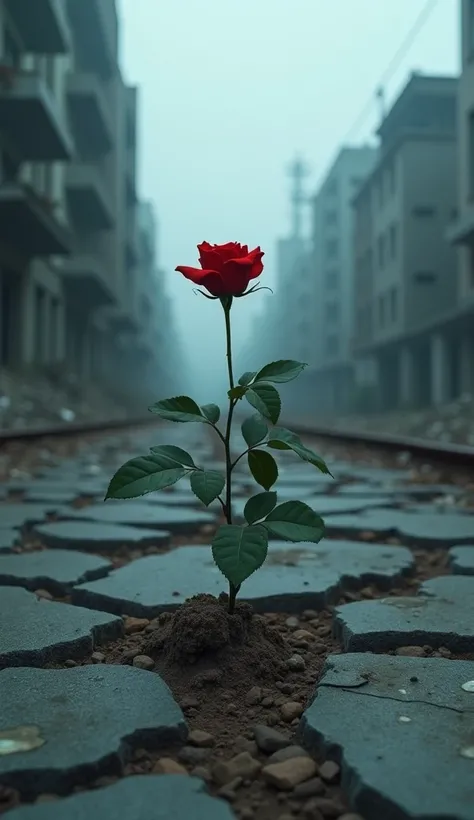  Cinematic editorial, a photo of One red rose grows out of the ground against the background of a ruined city, create a melancholic and isolated atmosphere, cold, misty twilight lighting --c 10 --style raw --sref 1736512144 --sw 120 --s 300 --v 6.1