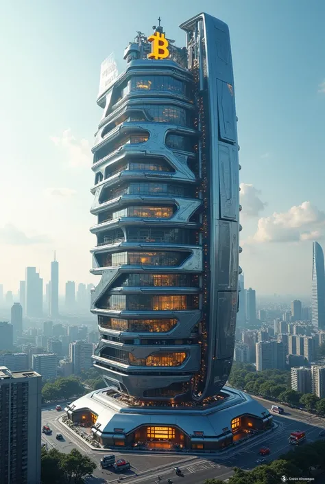 Crypto building in 100+ layers with robotic futures theme full building view and the top of crypto logo , morning beautiful view 