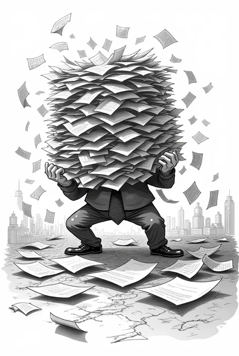  An employee tries to take home a stack of papers,  but it stumbles and everything falls to the ground .  The moral of the story : Less is more !  All in black and white like color drawing  