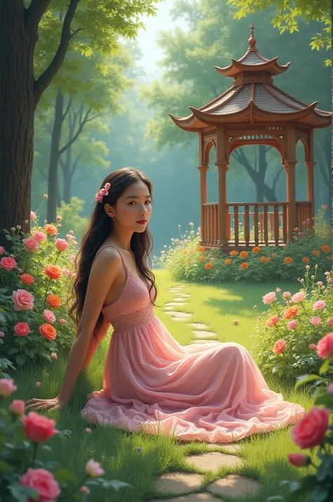 A woman in a light pink dress with long hair ,  is sitting in a garden filled with colorful flowers ,  and there are trees and to the right is a beautiful gazebo