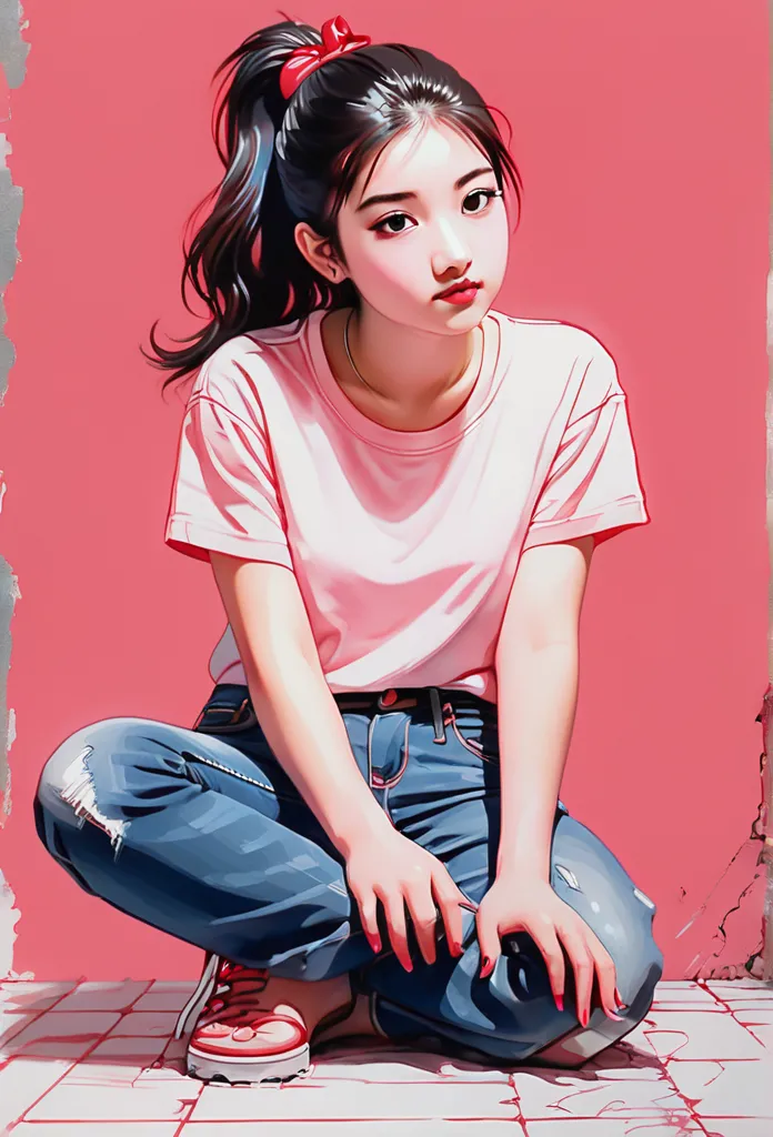  girl staring at audience , teenage years,  Kneeling , t-shirt, jeans, barefoot,  Crude pencil sketch drawn with incubation technique , centering, (白色background)),  Masterpiece
drawix6 (( fingernails with ] red color#Pink ))((The nails on the hands and fee...