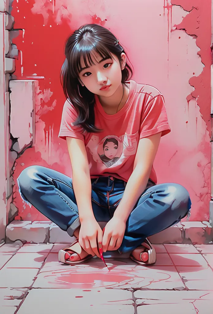 girl staring at audience , teenage years,  kneeling , t-shirt, jeans, barefoot,  crude pencil sketch drawn with incubation techn...