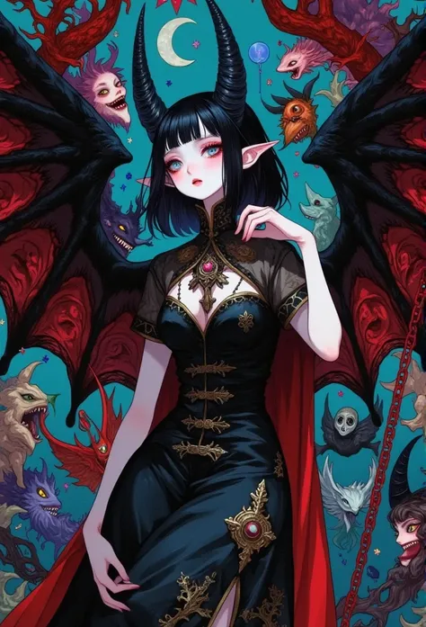 A charming lady, 1Succuba, with red teeth and black bob-cut with slanted bangs, horns, huge wings, she is surrounded by chains, look up, Enchanting, seductive, evil smile, dark fantasy creatures,