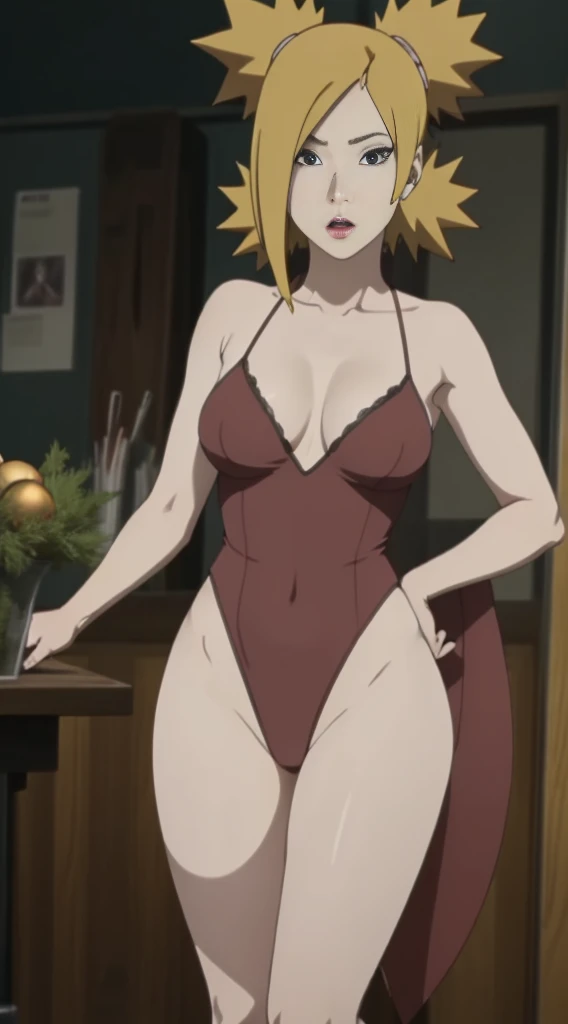 Official_art, anime screencap, official_style, perfect body, perfect Hips, beautiful legs, beautiful face, beautiful body, detailed face, Temari Nara, blonde hair, quad tails, green eyes, wearing a red christmas tiny lingerie, pussy, nipples, sexy legs, ch...