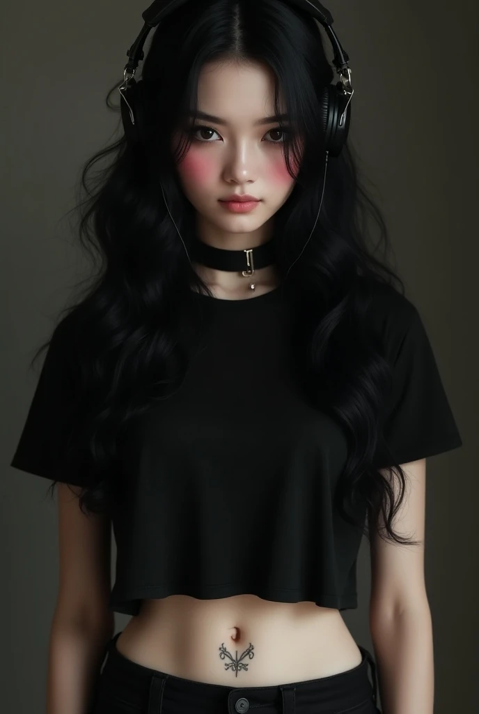 Beautiful girl,long wavy hair black,black t-shirt, black eyes, black short with tattoo, belly,white skin,pink blush,black headphone,