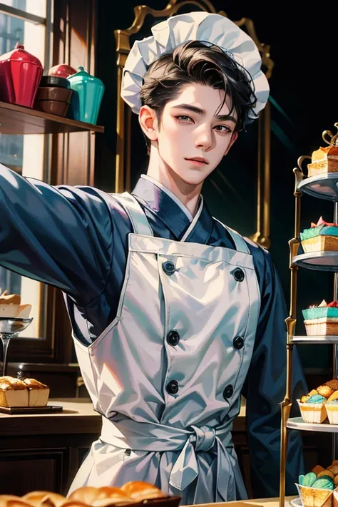 (absurdres, highres, ultra detailed, HDR), masterpiece, best quality, 1boy, Korean men, handsome, short hair, finely eye and detailed face, (pastry chef costume), dimple, forehead, dessert bakery, selfie shot, light smile