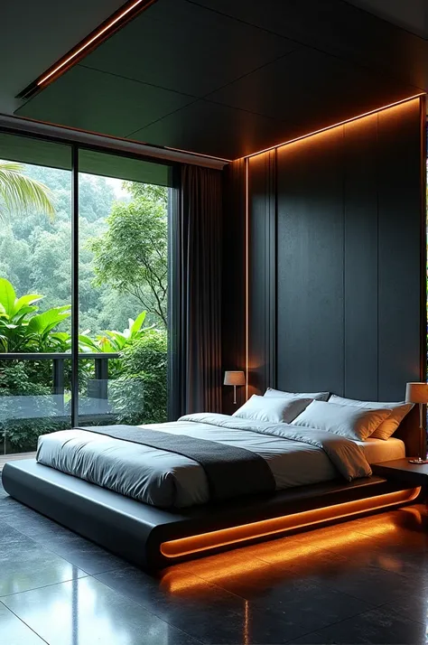 "Create a futuristic bedroom inside a hypercar-inspired villa. The room should feature floor-to-ceiling glass walls offering panoramic views of the tropical forest outside. The bed should have a sleek, minimalistic design with integrated LED lighting aroun...