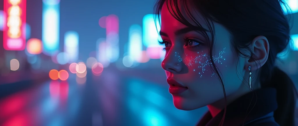 a beautiful russian girl on the right side of the picture, cleavage, cyberpunk city background, half of her face shows glowing wires like a terminator, (best quality,4k,8k,highres,masterpiece:1.2),ultra-detailed,(realistic,photorealistic,photo-realistic:1....