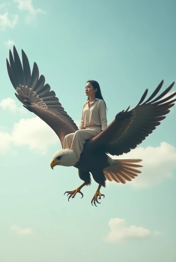 Normal woman sitting on a normal size eagle