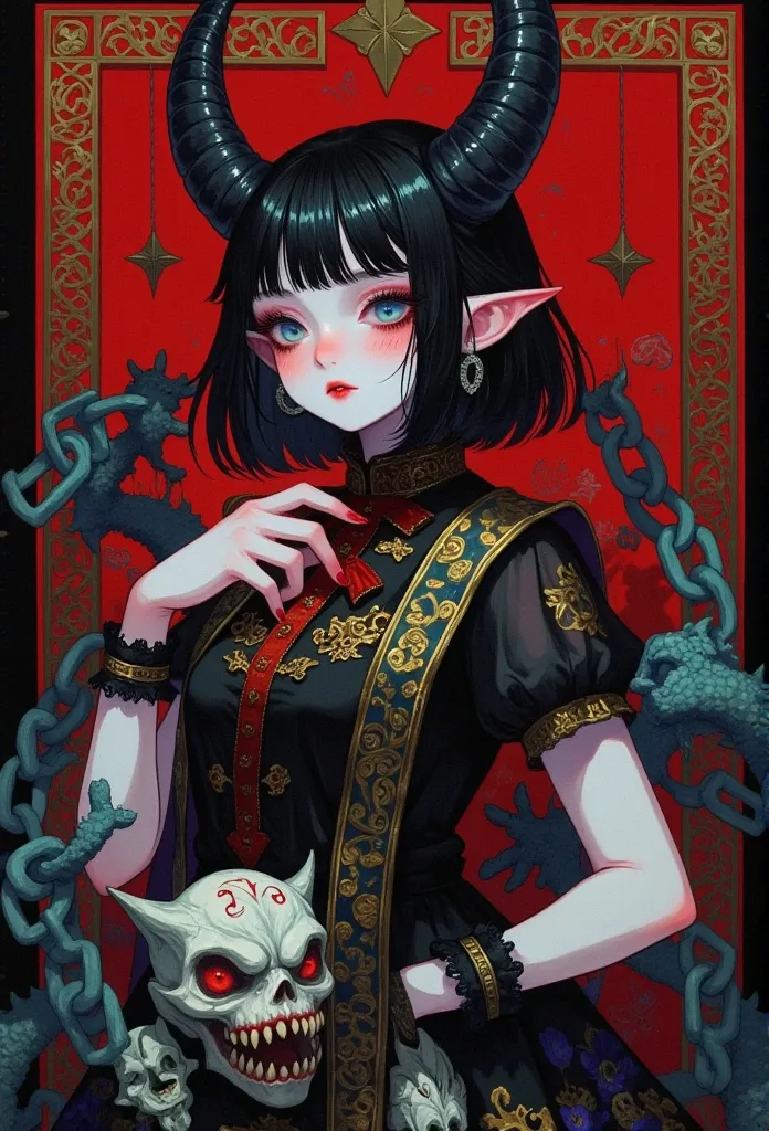 a painting。a charming lady, 1succuba, with red teeth and black bob-cut with slanted bangs, horns, huge wings, she is surrounded ...