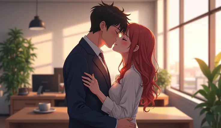 Anime, American  couple kissing in the office 