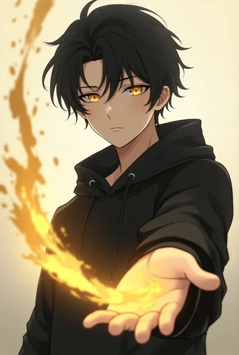  Make me an anime photo a dark-haired guy with golden eyes,  light white skin wearing a black hoodie , calm expression on hand is a golden sand strip magic , slim appearance  