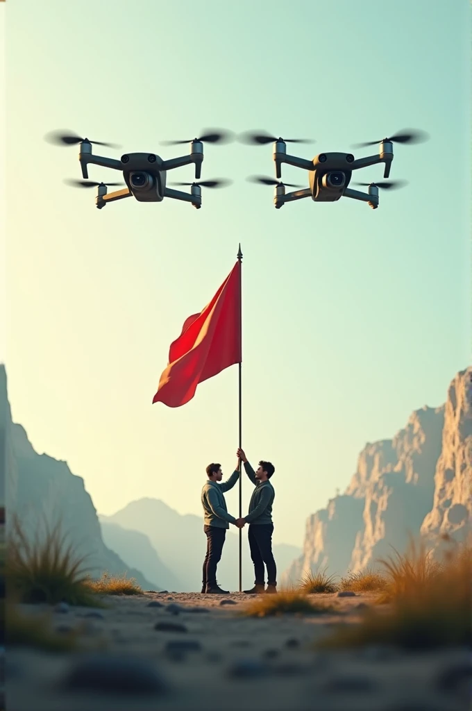  Two drones in the air approximately 3 meters above the ground, raising a flag, and two people, one on each side of the flag 