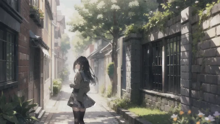 ((Alone:1.2)),cute girl walking with me in garden,  high school uniform ,frOm side lOOking up,cObblestOne pavement, Long Hair, Black Hair, Green-gray eyes(),(  Mottled Sunlight :1.2),Blur,(depth Of field:1.1), 