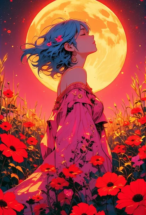 A digital illustration depicts a young woman standing in profile among a sea of vibrant black roses likely poppies, in a mystical field at night. The woman has short blue fire sexy ceios empinados perto do pescoço Sensual big tits red fire  hair that flows...