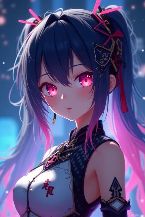 1girl, Kujou Sara (Genshin Impact), gradient hair,Pictures showing the beauty of artificial intelligence, Includes symbols and circuits that overlap with impressively vibrant and attractive colors.masterpiece, Artwork of the highest quality. This image is ...