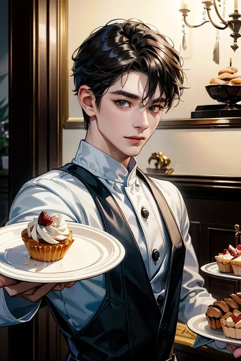 (absurdres, highres, ultra detailed, HDR), masterpiece, best quality, 1male, Korean men, handsome, short hair, finely black eye and detailed face, (pastry chef costume), dessert bakery, selfie shot, light smile