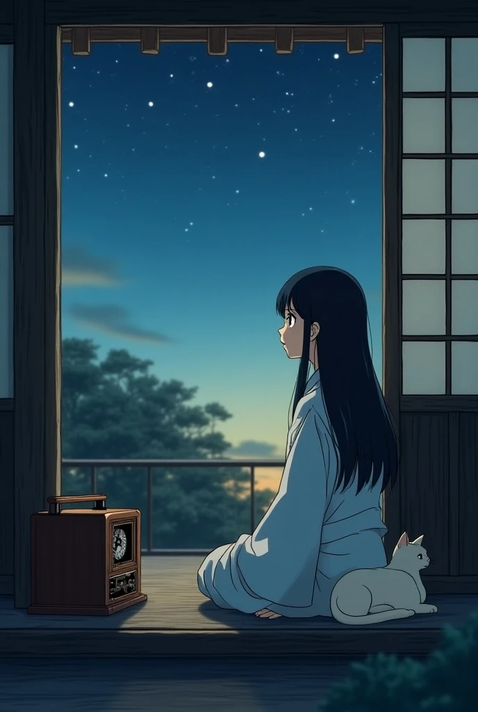  A serene and nostalgic scene depicts a 20th century Japanese girl ,  with long black hair and wearing a Simple kata ,  sitting on the porch of a traditional Japanese house .  She looks calmly at the sky above ,  where the stars begin to appear at dusk . t...