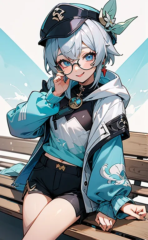 Summer Festival，Gray Hair， blue eyes， HOODIE，Shorts，ice，Glasses， flat chest，Earrings，bench，hat，Mokochi,(masterpiece, Best Quality,  is so pretty, Super detailed), smile,tongue,Naughty,Genshin Impact, ahe face, double piece, sexy