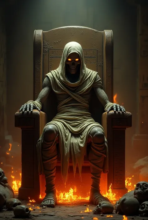 Villain mummy sitting on the chair of skull fire