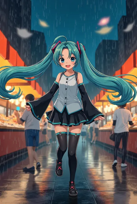 (masterpiece、Best Quality、Best Quality、 OFFICIAL ART、 beautiful and beautiful :1.2)、( one girl playing pranks:1.3) Hatsune Miku、 twin tails,Beautiful breasts,Rainy Night,city, A beautiful woman with gal makeup wearing a sports suit on the busy street of Gi...