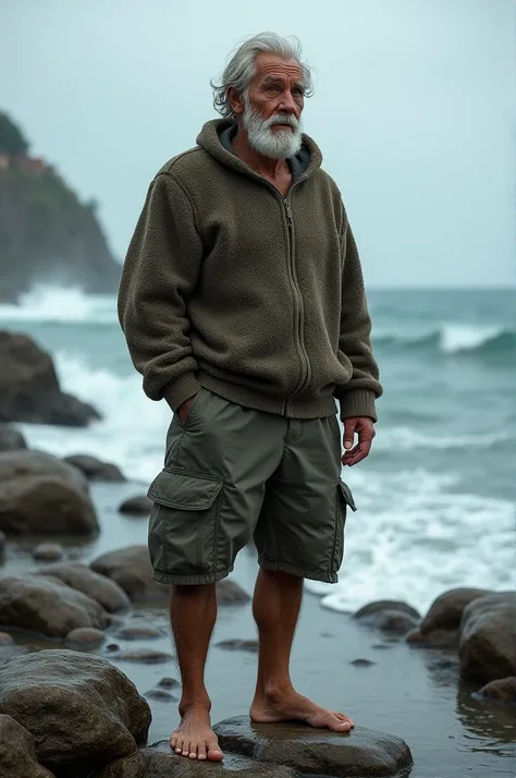  Create an image of a fisherman,  with a little older age ,  dressed in shorts , sweater and barefoot  