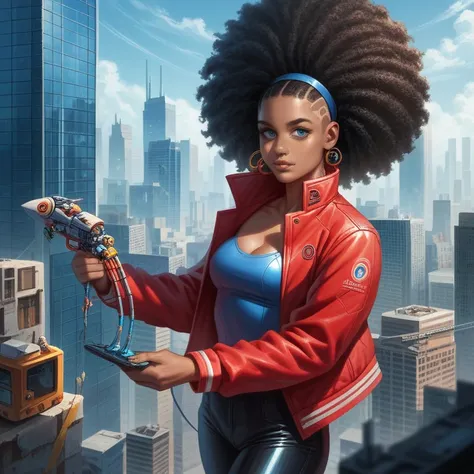 1girl, city,  construction , cyberpunk, skyscraper,  science fiction , cyborg, Alone,  long black hair, shiny punk hair , breasts,  cityscape, crane (machine), toys, realistic, ,  dark-skinned woman, blue eyes, standing, Red jacket, A young girl, afro amer...