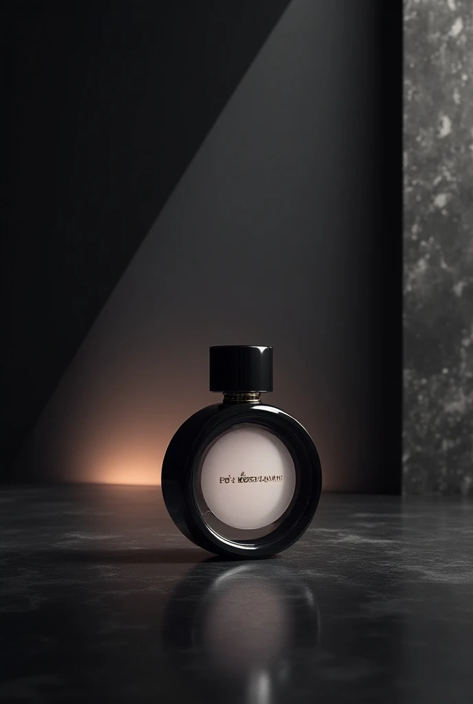 Generate art for my perfume there should be my round perfume bottle in middle and the background should be of Las Vegas color theme should be black gray and white